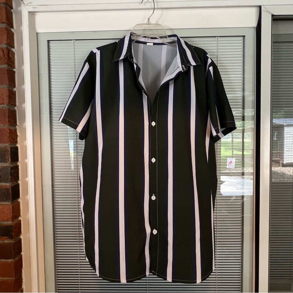 White and Green Casual Button Down Shirt with Vertical Stripes